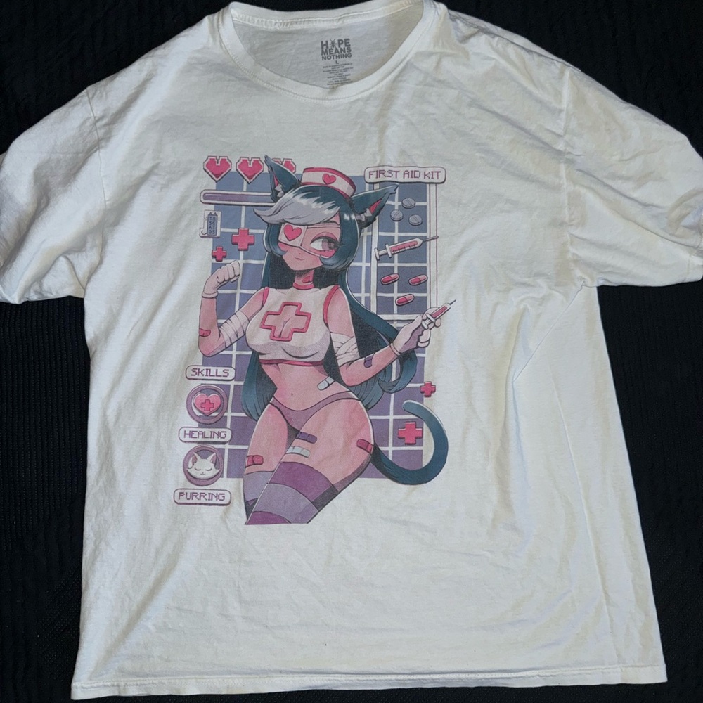 White Graphic T-Shirt with Anime Nurse Design